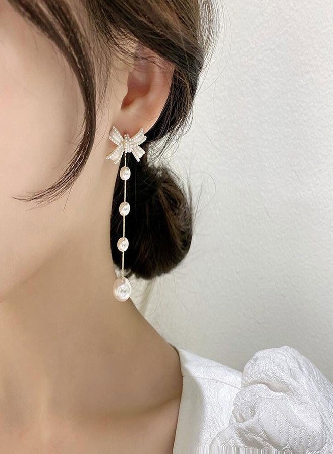 Novearring Pearl Earrings for Women Pearl Bow Drop Earrings Prom Party Wedding Earrings for Brides Jewelry Gifts - Image 2